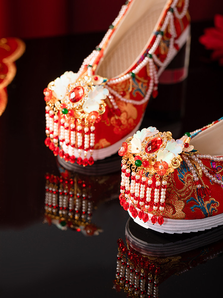 SANKENG GIRL AUTUMN CHINESE ANCIENT STYLE CUSTOM WEDDING SHOES HEAVY INDUSTRY TASSEL PEARL HANFU WEDDING FLAT WOVEN JIN XIUHE SHOES