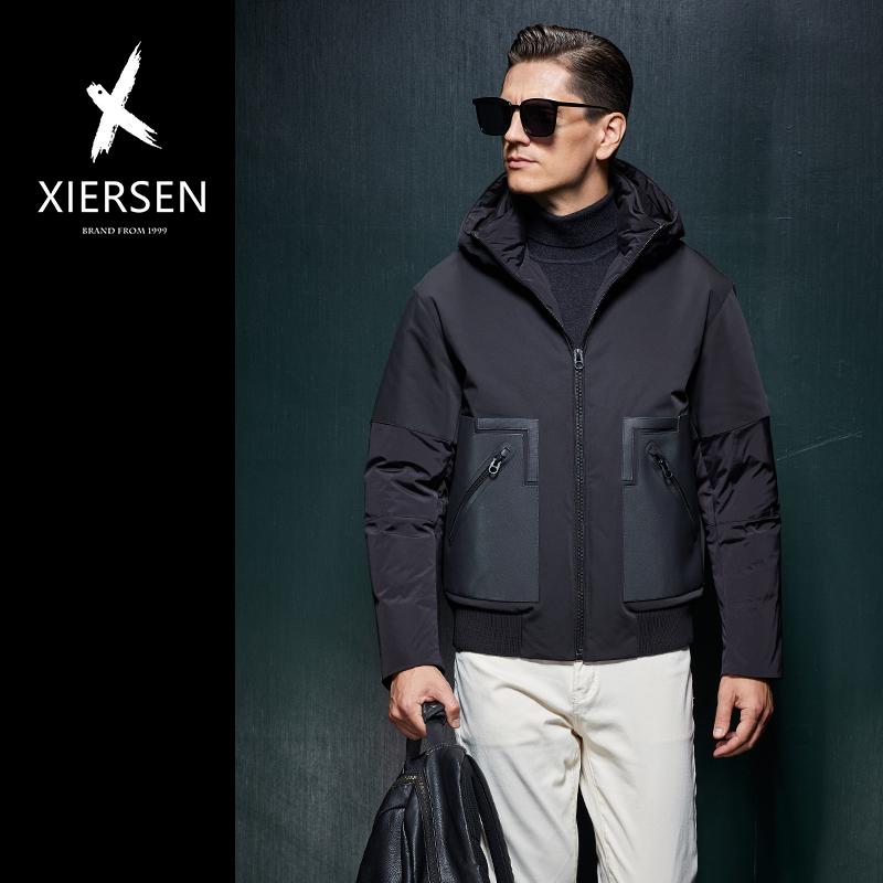 冬欧洲站轻奢二层牛皮真皮拼接连帽羽绒服男短款时尚休闲鹅绒外套