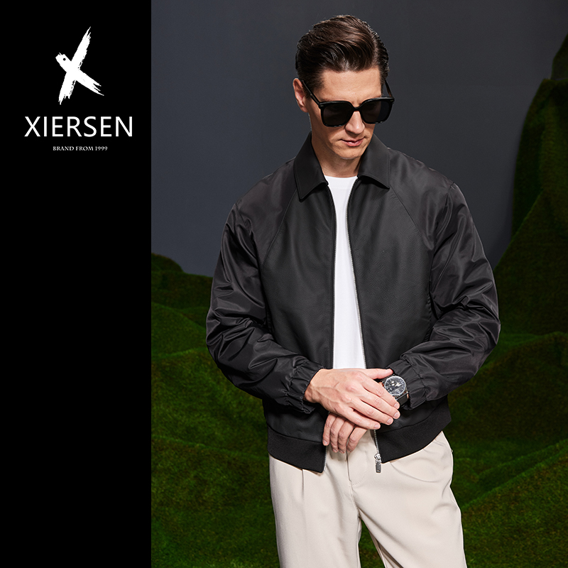 绵羊皮真皮拼接再生尼龙翻领夹克