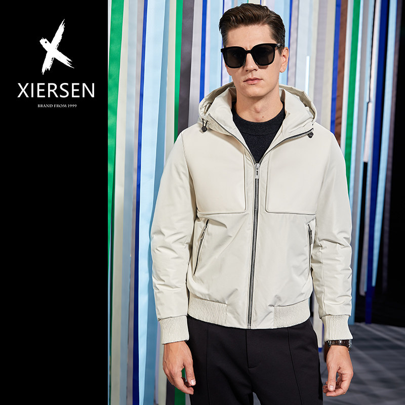 冬季欧洲站白鹅绒男士短款时尚连帽加厚百搭羽绒夹克外套保暖修身