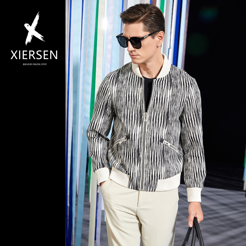 真皮拼接春秋棒球领条纹夹克外套