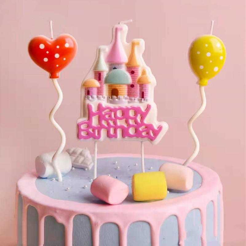 生日蜡烛烘焙蛋糕装饰卡通城堡造型粉蓝城堡蜡烛气球甜品台插件