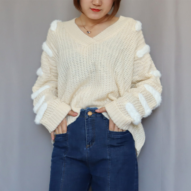 兔毛拼接长袖v领毛衣女韩版宽松套头针织衫气质打底衫慵懒风上衣