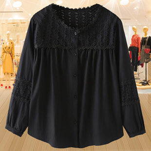 大码 衬衫 女装 长袖 蕾丝钩花镂空宽松拼接上衣高档胖mm衬衣 新款 秋季