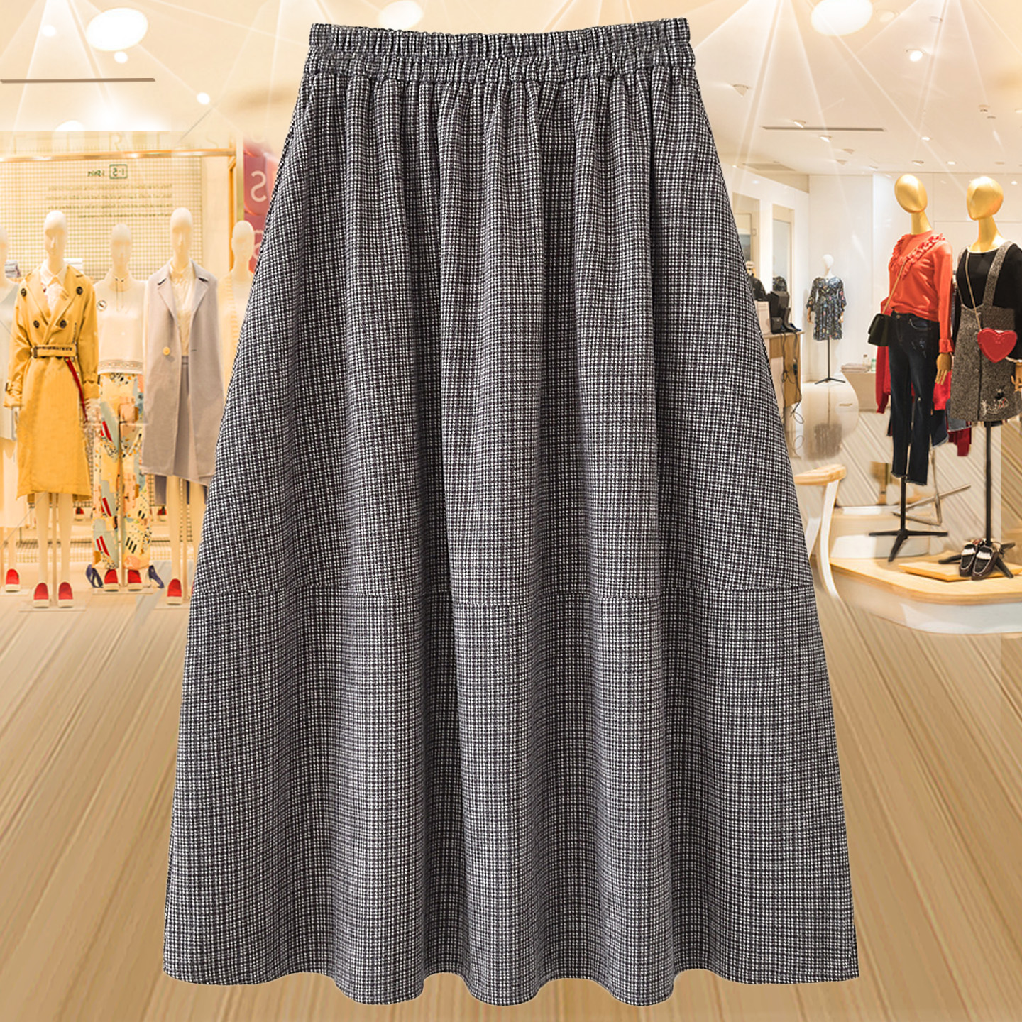 大码千鸟格毛呢半身裙女遮屁裙子