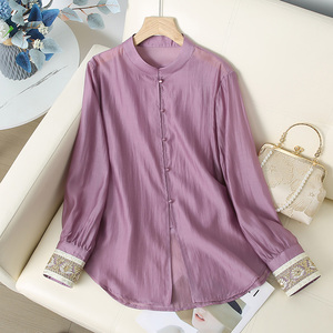 中年薄款新中式衬衫重工蕾丝长袖上衣女妈妈刺绣国风衬衣女防晒衣