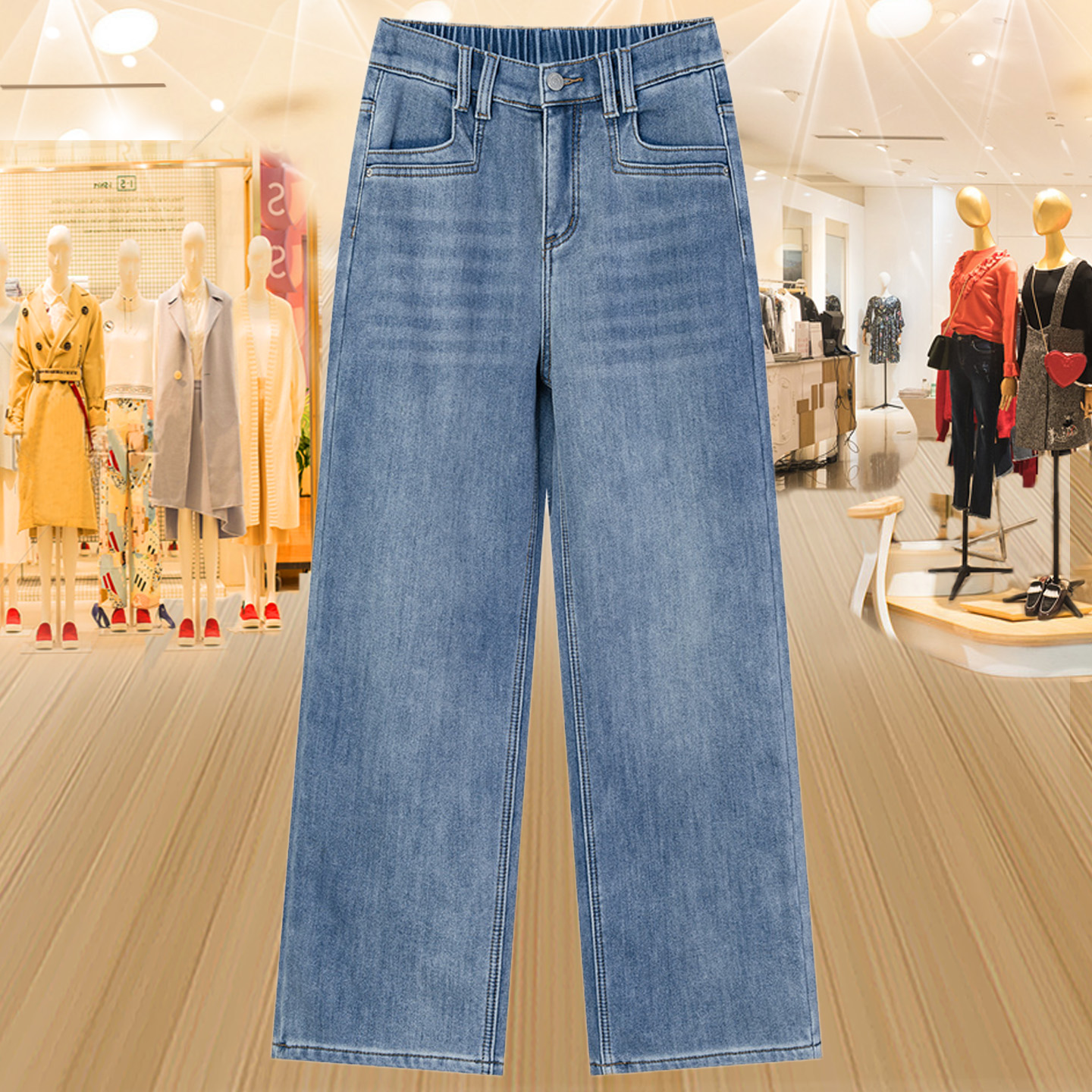 大码直筒加绒牛仔裤女秋冬休闲裤