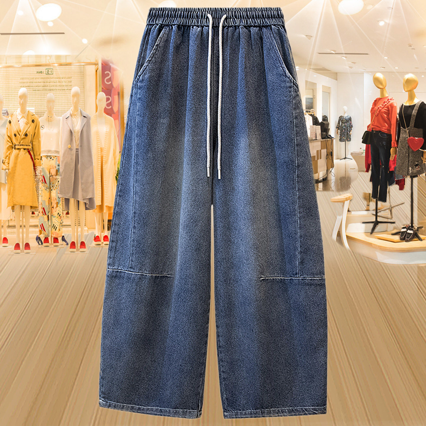 大码牛仔阔腿裤女2026春季新款胖mm时尚系带百搭薄款高腰休闲裤子