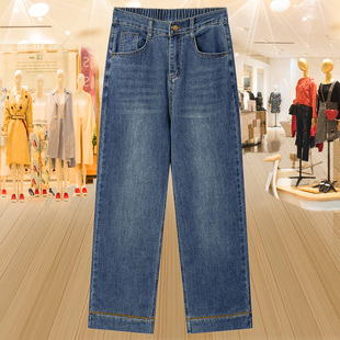 刺绣高弹力直筒牛仔裤 高档宽松休闲裤 女秋季 中年妈妈装 子 新款 大码