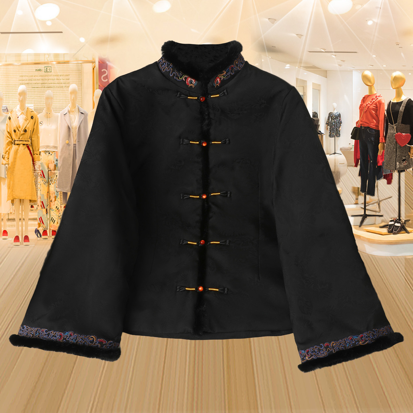 高档香云纱刺绣短款棉衣外套棉服