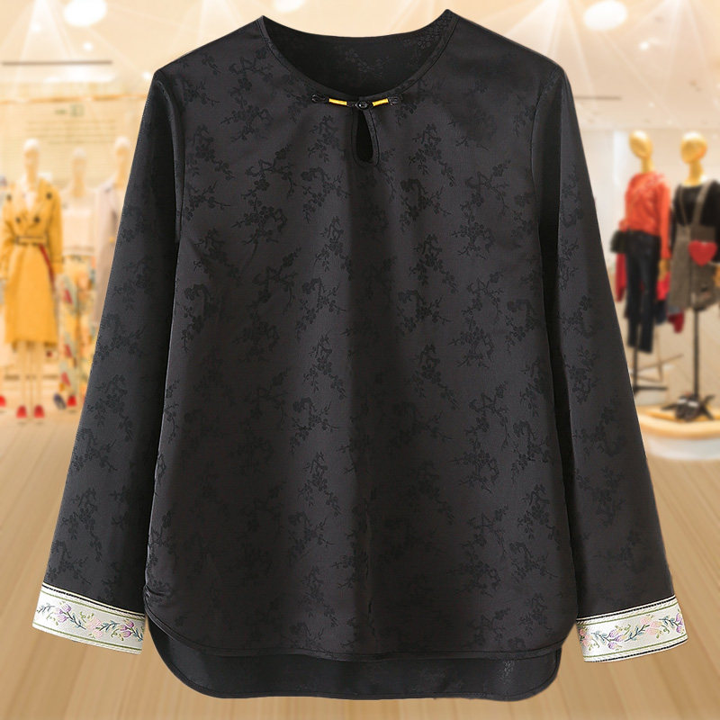 高端新中式盘扣T恤女长袖时尚洋气复古轻国潮风提花刺绣上衣外套