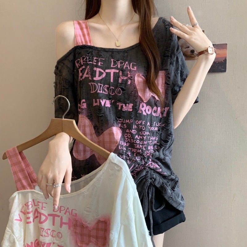 大码重工破洞蝴蝶贴布抽绳短袖t恤女2025春夏新款宽松显瘦上衣女