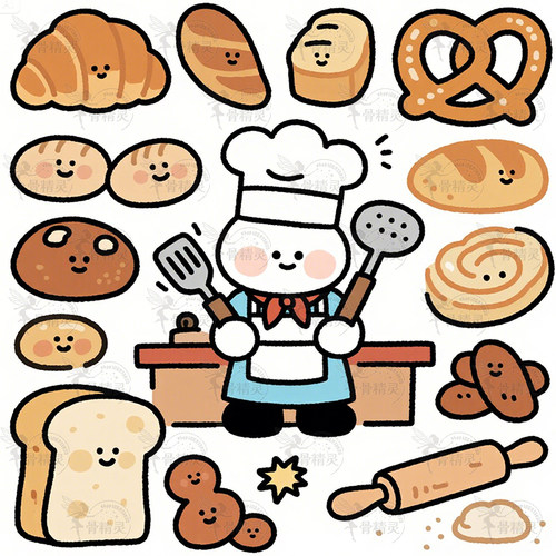 卡通可爱小厨师面包烘焙吐司牛角包海报手账装饰AI矢量设计素材
