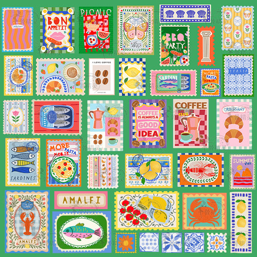 复古夏日意大利餐厅美食邮票风元素装饰画芯AI矢量设计素材模板