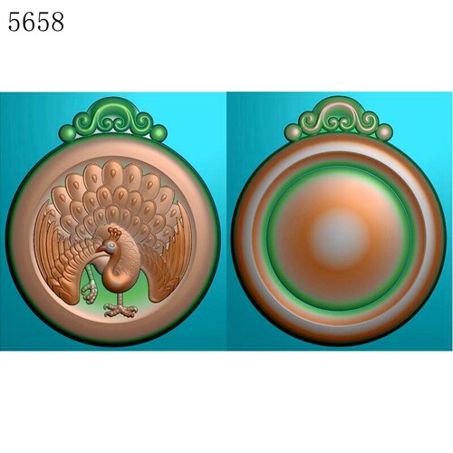 5658圆牌花头孔雀开屏双面雕刻北京精雕图JDP灰度图挂件BMP浮雕图