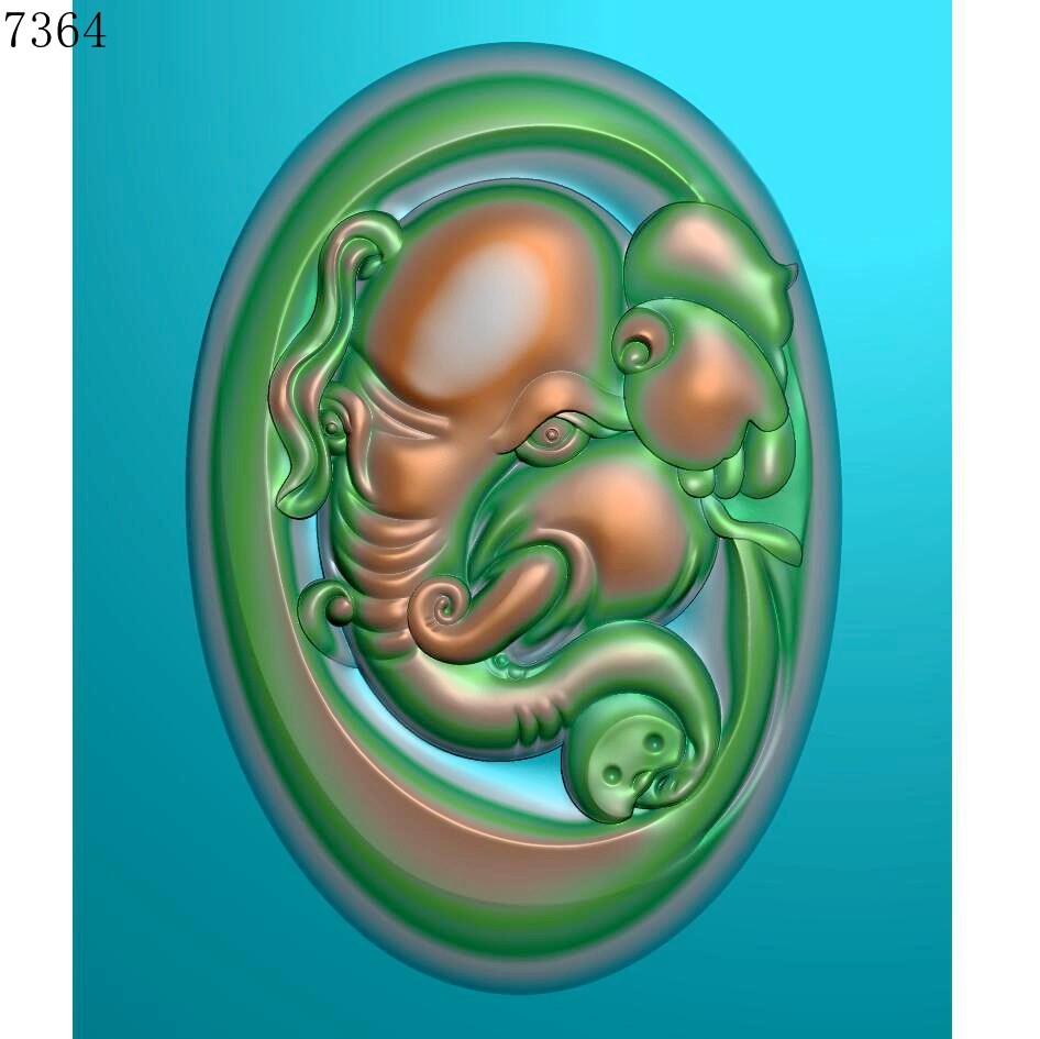 7364椭圆大象精雕图jdp/灰度图bmp/玉雕挂件雕刻机文件浮雕图
