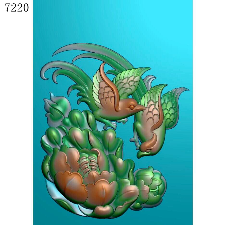 7220牡丹花鸟北京精雕图jdp玉雕灰度图挂件bmp浮雕图
