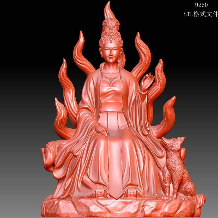 9260九尾狐仙狐狸古装神仙神像圆雕图雕刻STL文件3D打印模型图纸