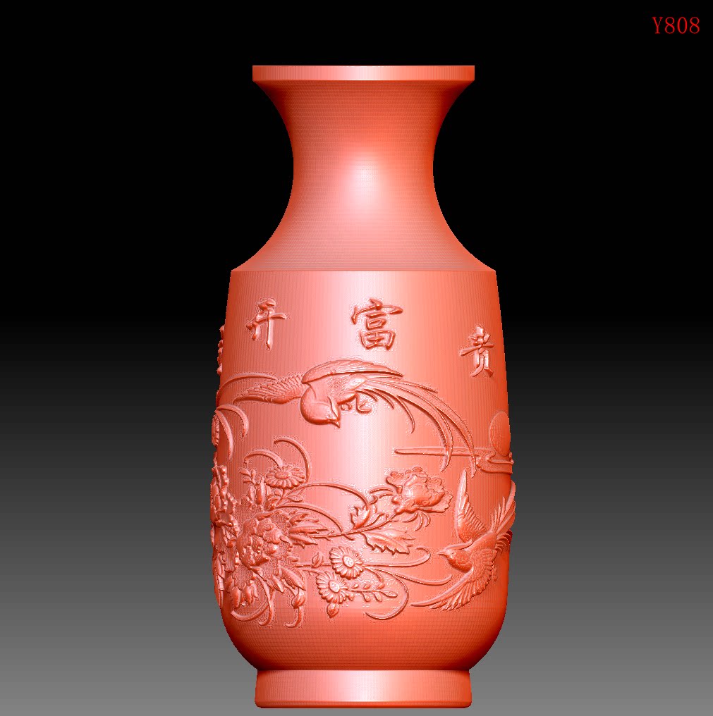雕刻图三维立体精雕图圆雕图STL3D模型Y808花开富贵花瓶圆雕图