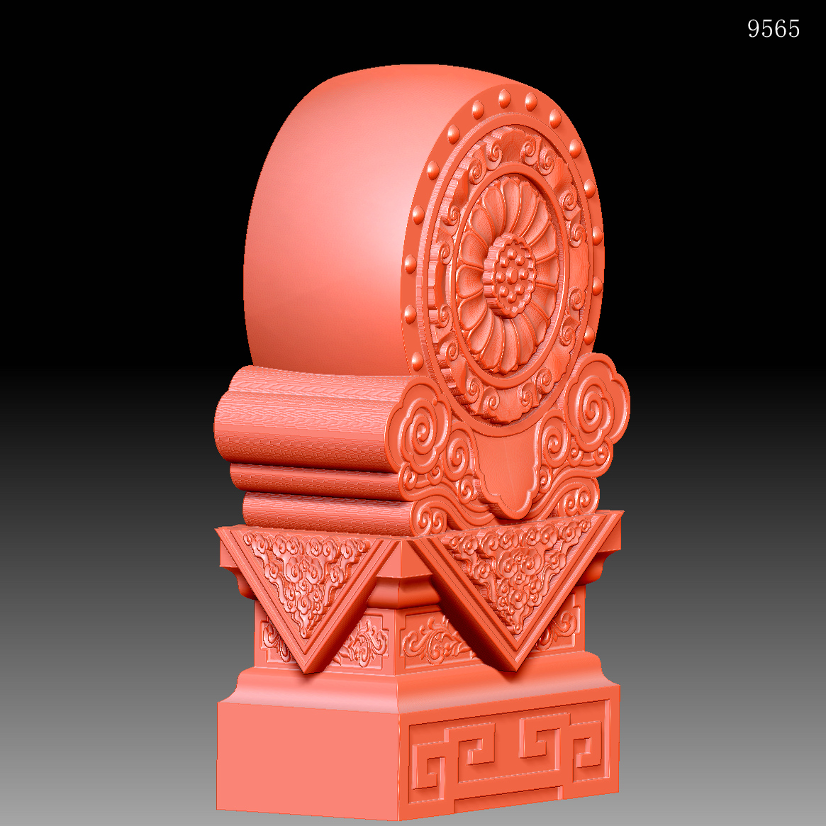 9565吉祥如意门墩仿古祥云圆雕图雕刻机3D打印素材STL模型图OBJ