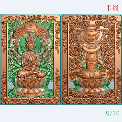 镂空八大守护神46牌挂件带线-千手观音编号8770浮雕灰度精雕图JDP