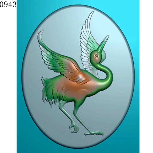 仙鹤椭圆牌0943玉雕刻图北京精雕JDP灰度图BMP挂件素材浮雕图