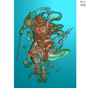 火神王灵官神仙人物精雕图风火轮王天君佛像牙骨玉雕浮雕图灰度图