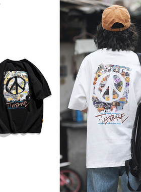 ORLS夏季国潮后背涂鸦飞机印花短袖棉T恤男街头嘻哈宽松落肩半袖