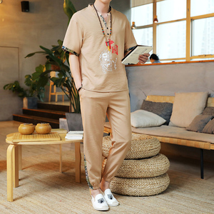 夏季风亚麻套装休闲棉麻短袖t恤唐装宽松汉服 A438-2203-P65图片