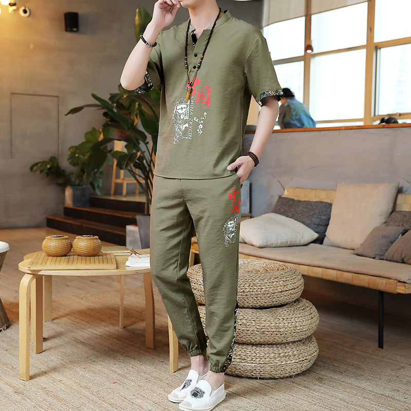夏季风亚麻套装休闲棉麻短袖t恤唐装宽松汉服 A438-2203-P65图片