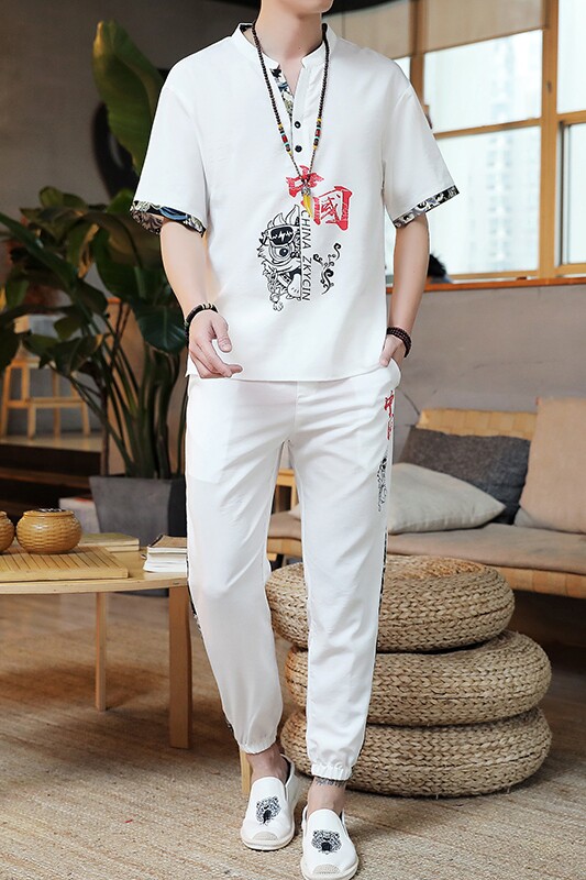 夏季风亚麻套装休闲棉麻短袖t恤唐装宽松汉服A438-2203-P65,男装T恤,电商A438