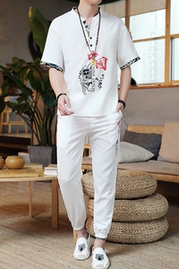 夏季风亚麻套装休闲棉麻短袖t恤唐装宽松汉服 A438-2203-P65图片