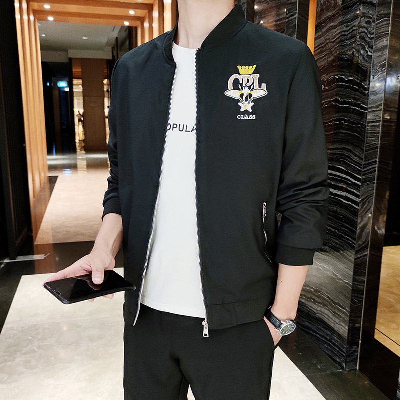 A438-518-P60新款立领长袖螺纹弹力袖口刺绣青年修身休闲夹克潮,男装夹克,电商A438