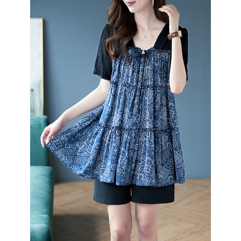 宝诗黎假两件蕾丝拼接雪纺衫