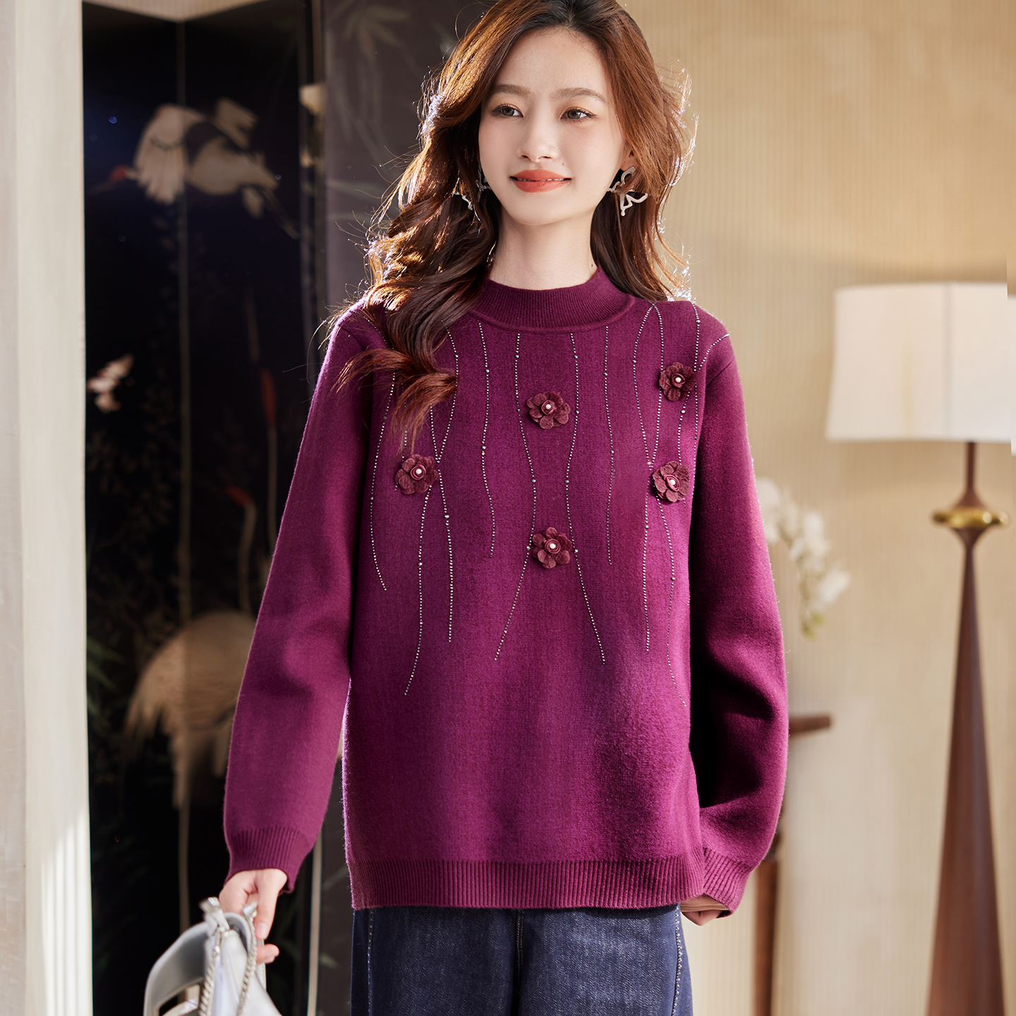 宝诗黎圆领钉珠烫钻毛衣