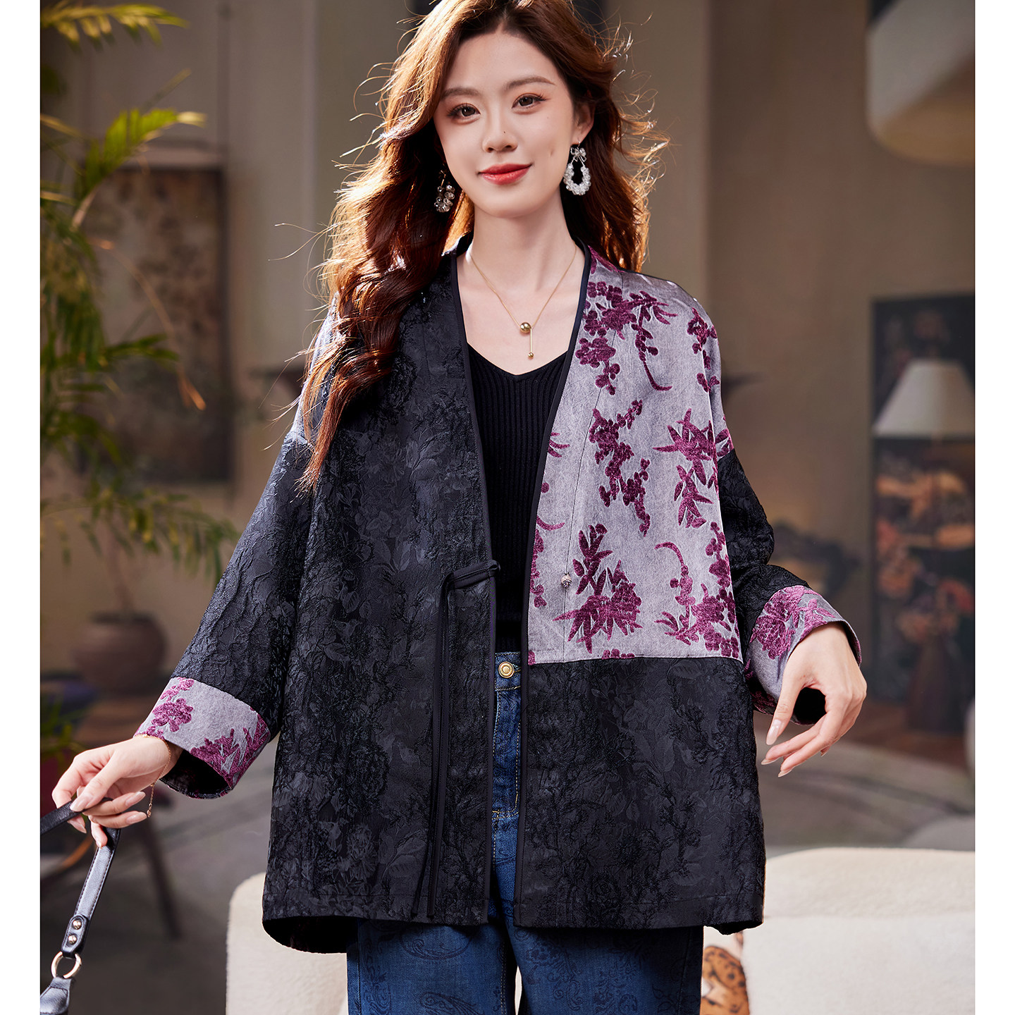 宝诗黎一粒扣提花拼接外套2026春季气质国风新中式宽松大码女装,女装/女士精品,短外套,淘宝优惠券,粉丝福利购,淘宝优惠卷