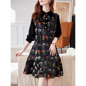 宝诗黎翻领丝绒拼接刺绣连衣裙2026春季 气质重工洋气长袖 休闲裙