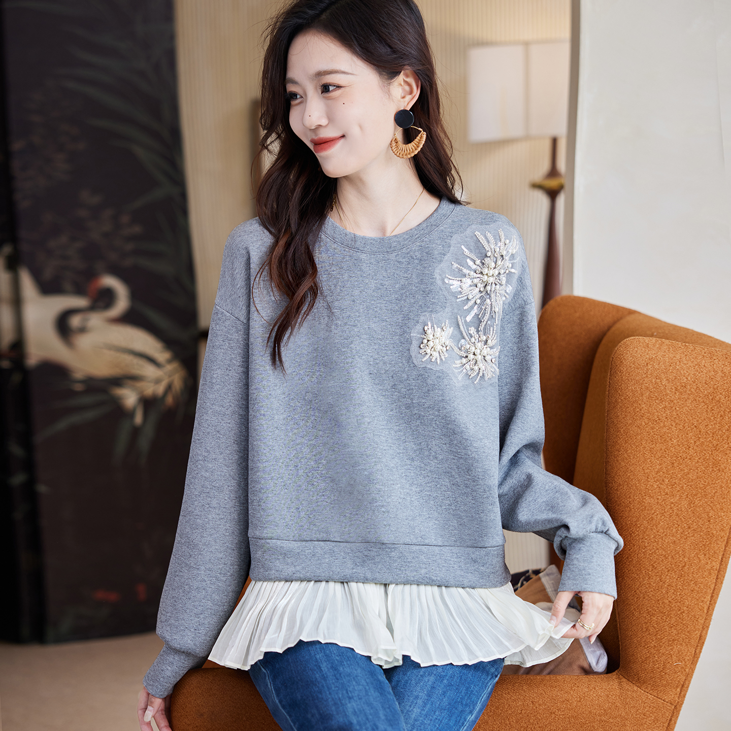 宝诗黎假两件钉珠拼接卫衣