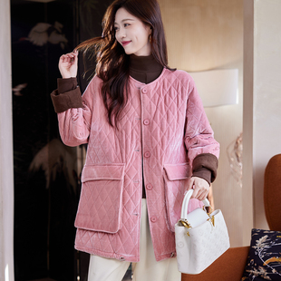 休闲百搭保暖外套女 宽松大码 宝诗黎中长款 菱格丝绒棉服2025冬季