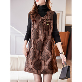 宝诗黎V领盘扣提花背心裙2026春季 气质优雅复古休闲直筒连衣裙潮