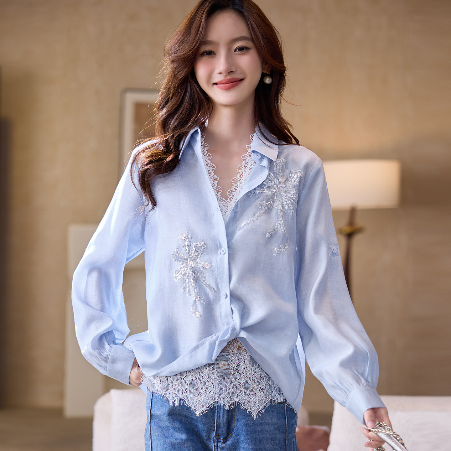 宝诗黎【新品价298元】两件套蕾丝亮片衬衫JJ1018,女装/女士精品,衬衫,淘宝优惠券,粉丝福利购,淘宝优惠卷