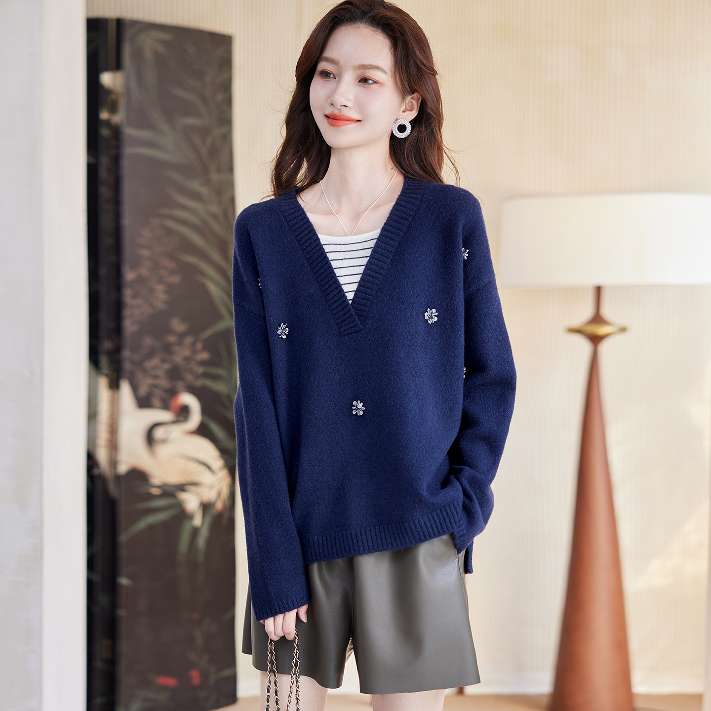 宝诗黎假两件条纹拼接毛衣