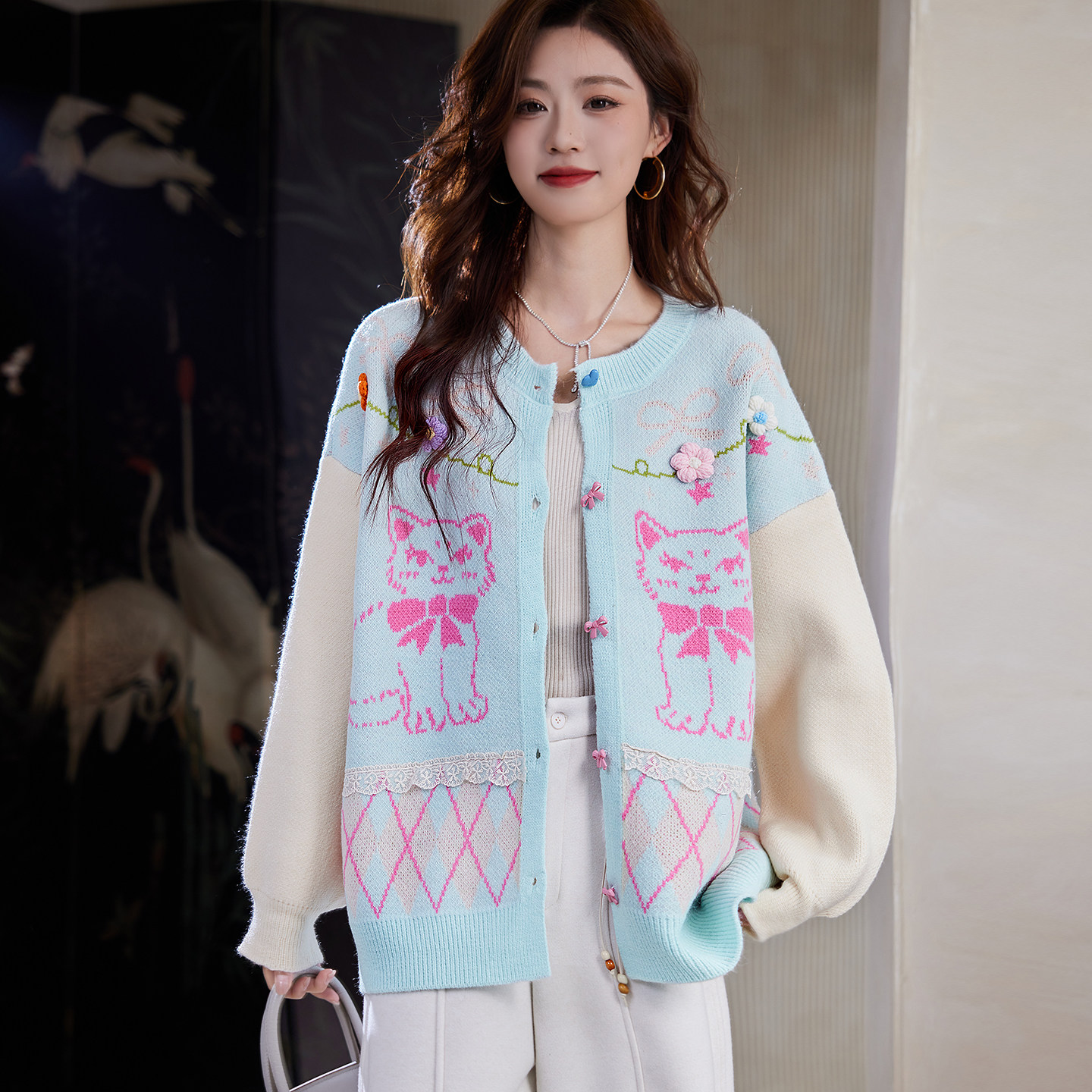 宝诗黎蕾丝拼接提花针织外套2026春季韩系休闲减龄百搭宽松开衫女,女装/女士精品,短外套,淘宝优惠券,粉丝福利购,淘宝优惠卷