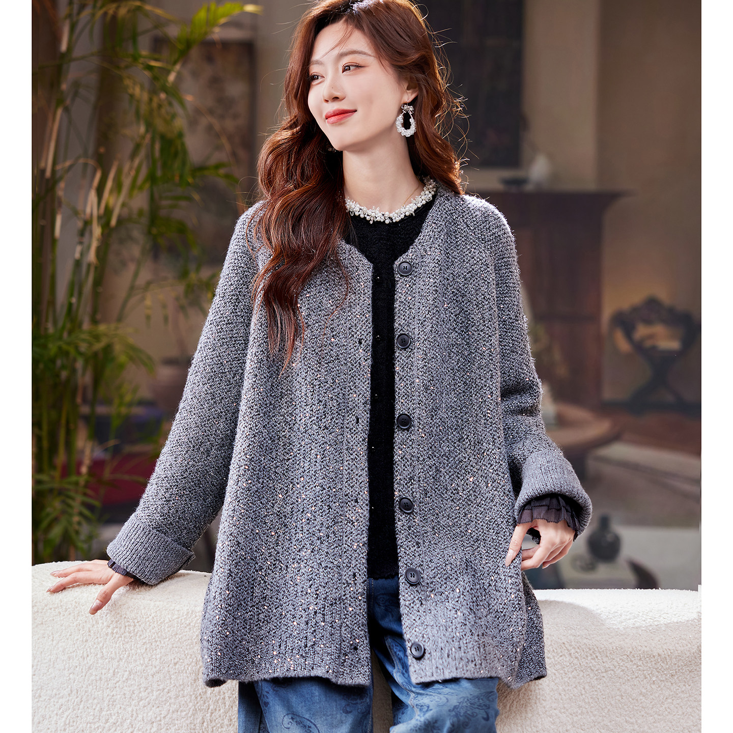 宝诗黎圆领亮片中长款外套2026春季韩系慵懒百搭休闲宽松大码女装,女装/女士精品,短外套,淘宝优惠券,粉丝福利购,淘宝优惠卷