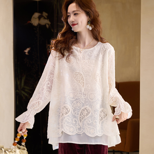 宝诗黎中长款蕾丝镂空衬衫2026春季新款洋气宽松百搭休闲衬衣女