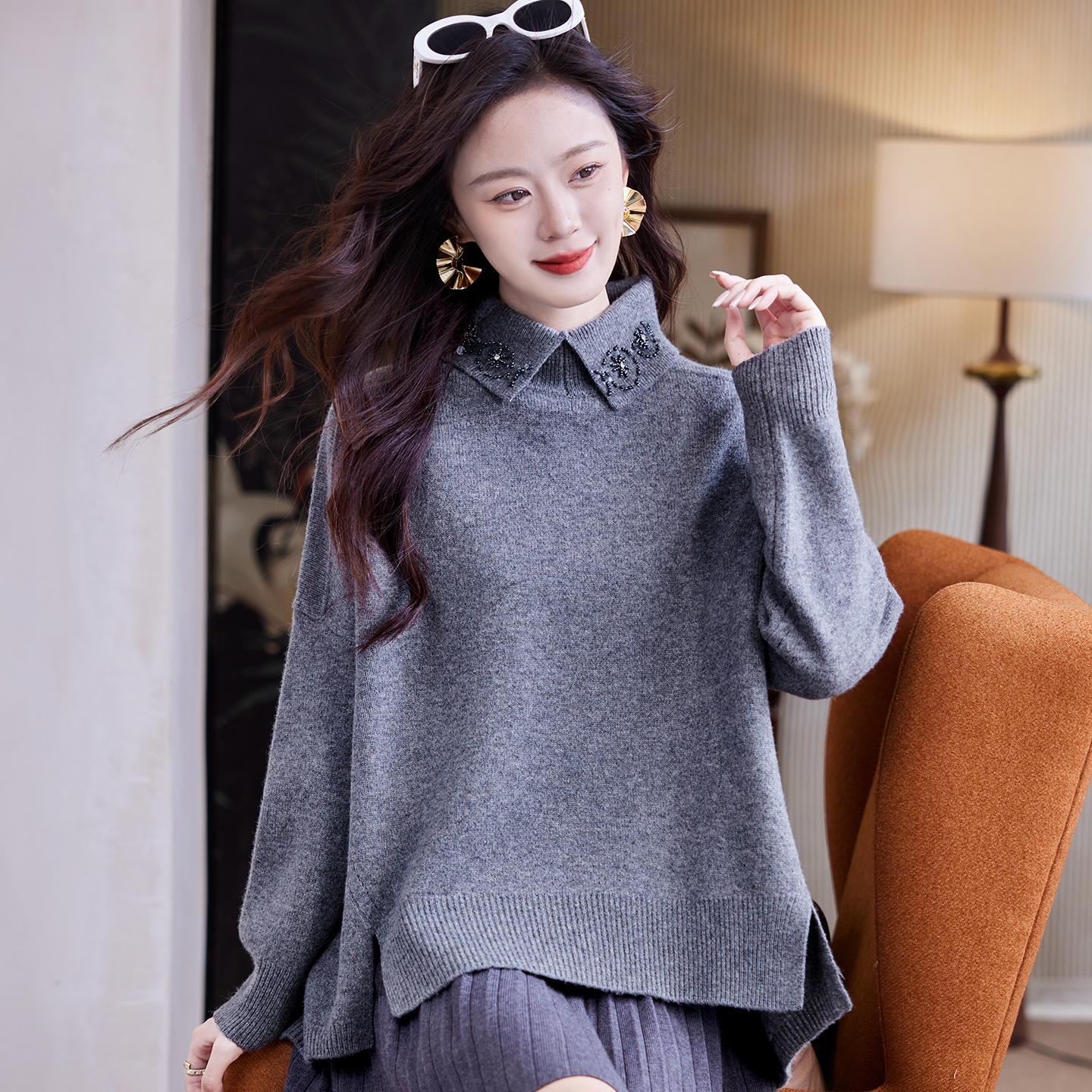 宝诗黎翻领钉珠慵懒羊毛衫