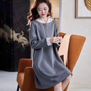 宝诗黎连帽蕾丝拼接连衣裙2025冬季 休闲裙 韩系洋气简约宽松大码