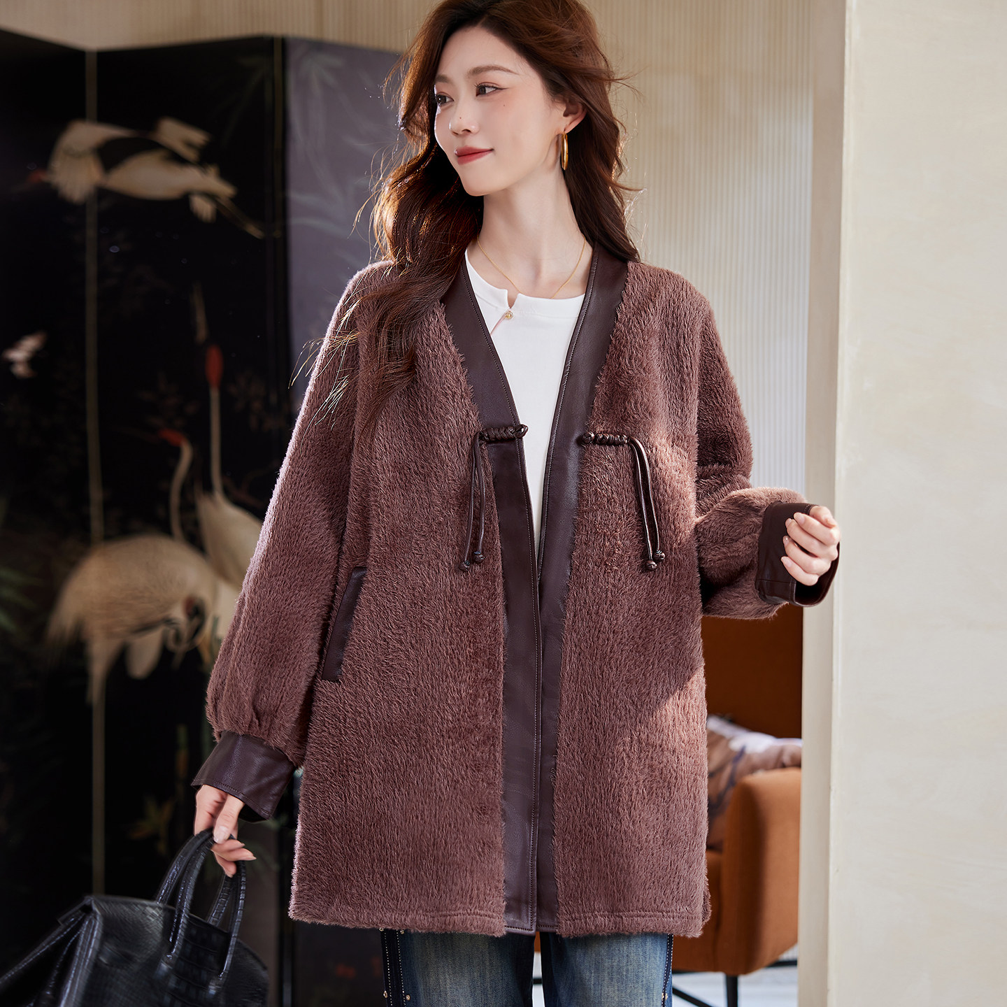 宝诗黎中长款盘扣毛绒外套女2026早春宽松慵懒百搭休闲时尚上衣,女装/女士精品,短外套,淘宝优惠券,粉丝福利购,淘宝优惠卷