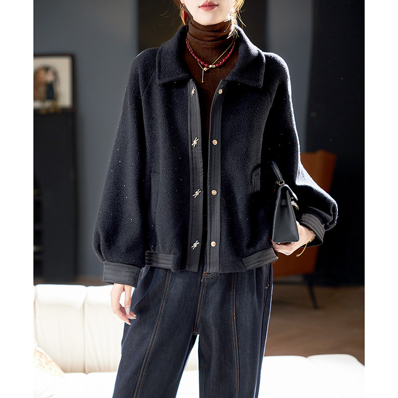 宝诗黎翻领烫钻黑色针织外套2026春季新款洋气百搭休闲短上衣女,女装/女士精品,短外套,淘宝优惠券,粉丝福利购,淘宝优惠卷