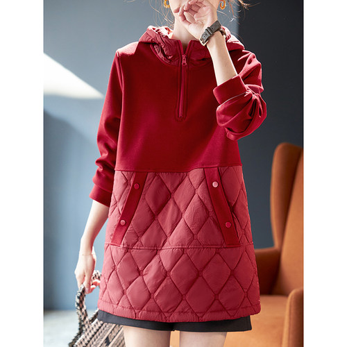 宝诗黎连帽拼接中长款卫衣